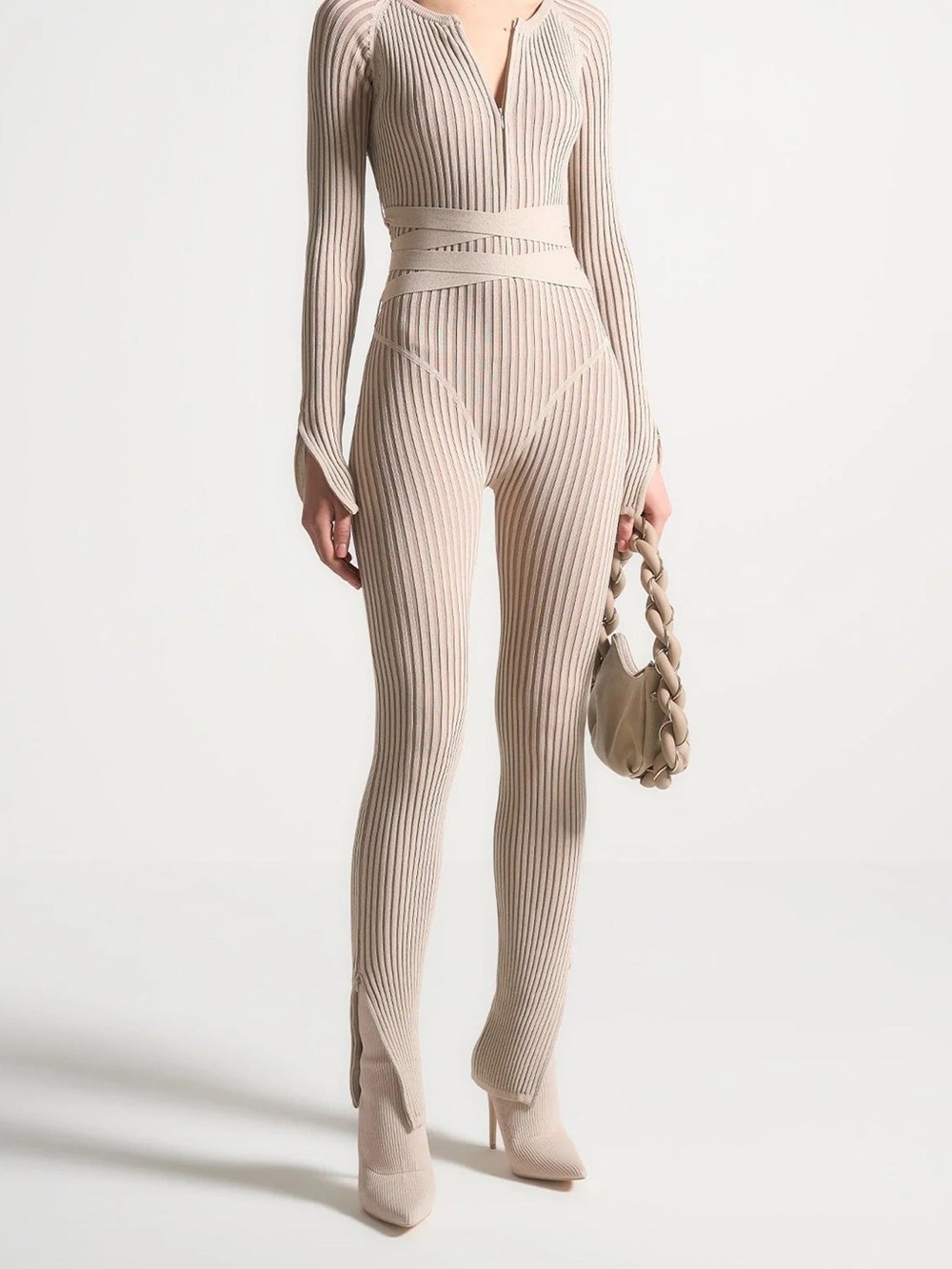 Maniere De Voir Knitted Two Tone Jumpsuit With Belt - Beige/Taupe